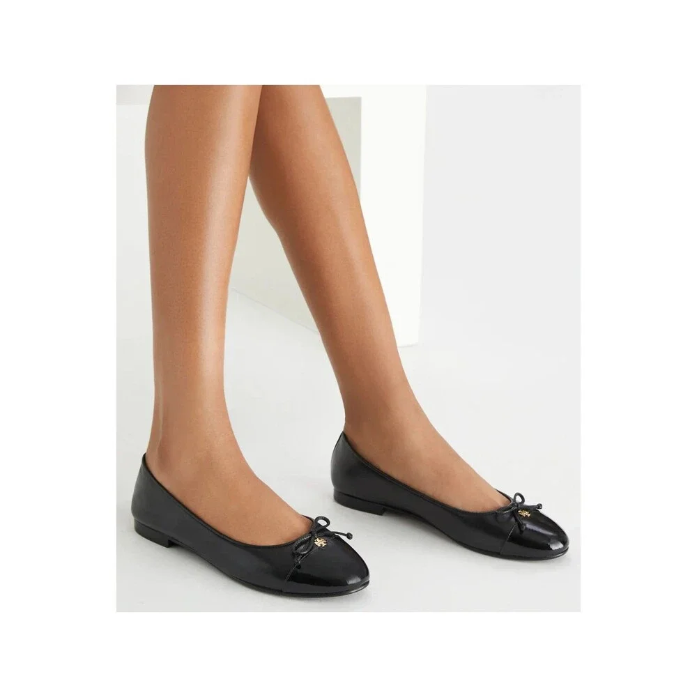 Tory Burch Claire Cap-Toe Goat Leather Ballet Flats Black NEW SZ 9.5 $275